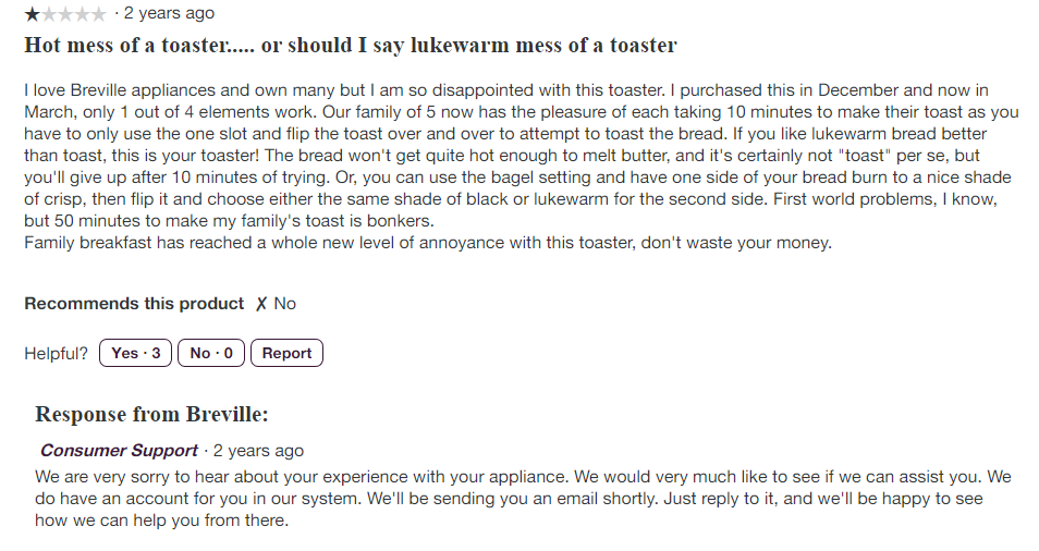Negative review expressing facts about the Breville's inability to make toast