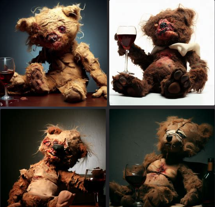 Four pictures of teddybears, ripped and shredded and covered with blood