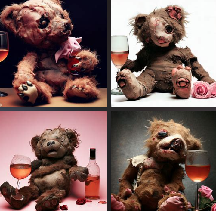 Mangy bears drinking rose wine - produced by Microsoft Bing